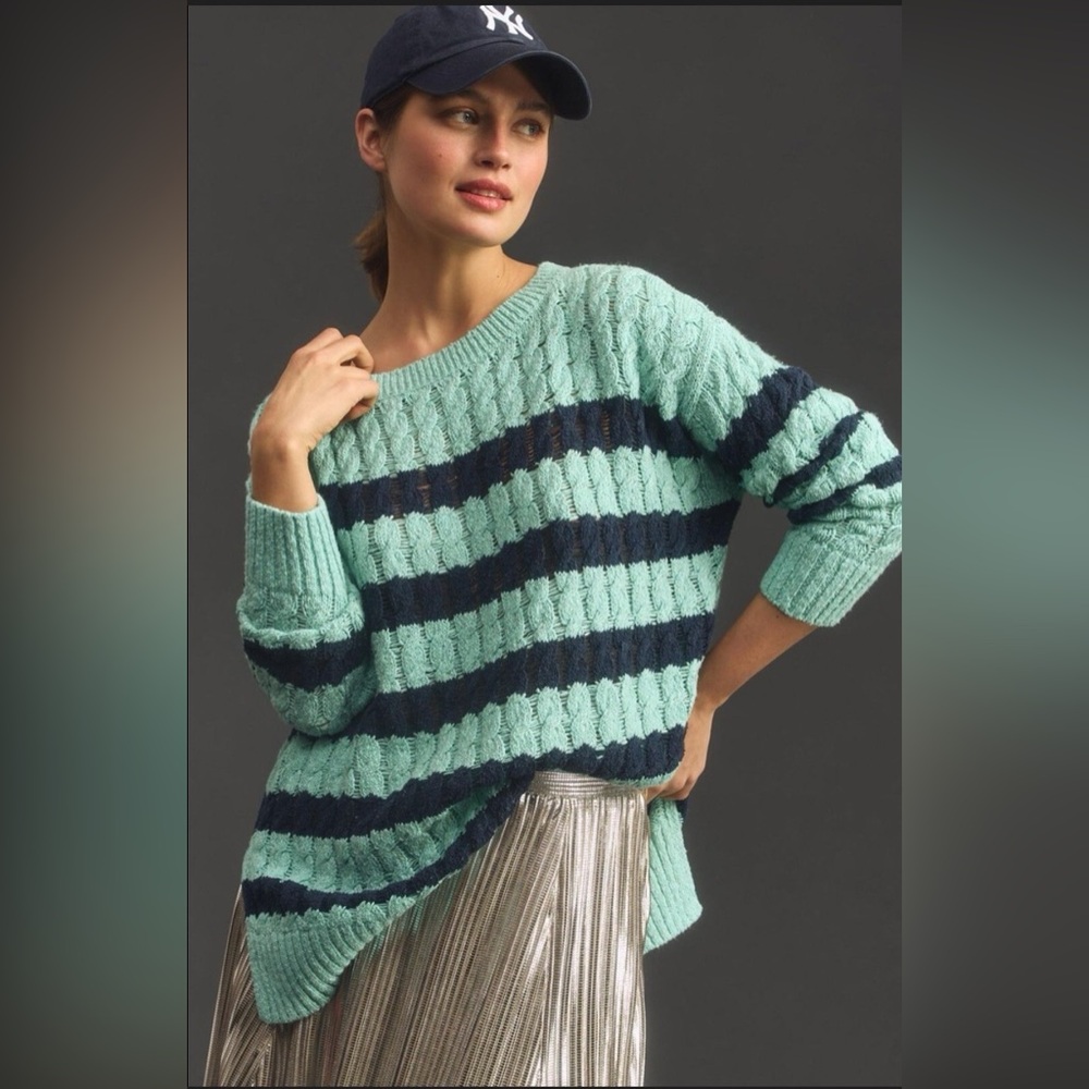 NWT PILCRO Anthro Blue Striped Cable Knit Preppy‎ Oversized Sweater Size XXS